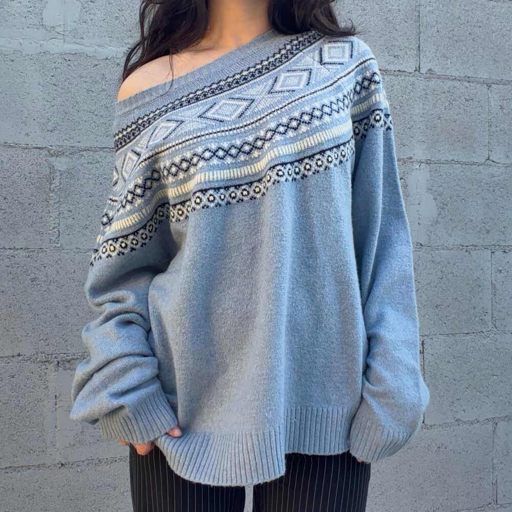 Weatherproof Vintage Blue Knit Sweater With Geometric Pattern Size M-L